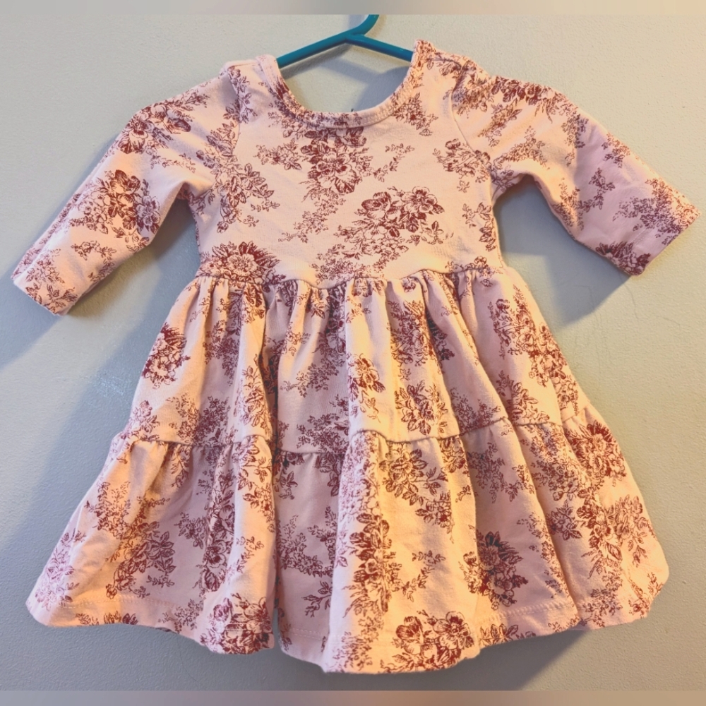 🪷Janie And Jack Pink Floral Toile Print Baby Girls Jersey Dress 6-12 Months